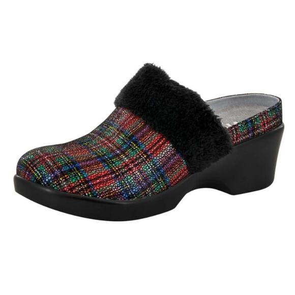 Alegria 40 EU 10 US Womens Black Isabelle Tartan Plaid Leather Fur Mules Clog - Picture 1 of 14